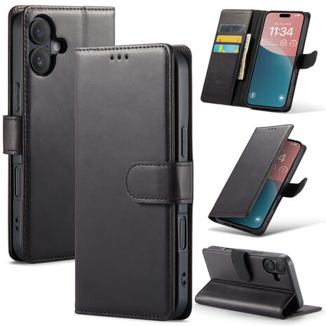 iPhone 16 Plus - Zwart - Lederen Book Case
