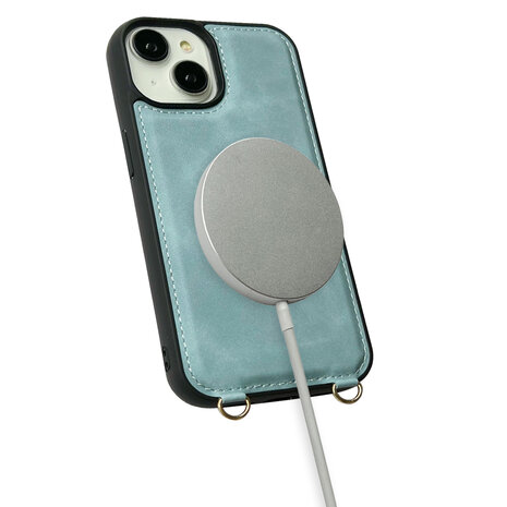 iPhone 16 Plus - Aqua Blue - 2 in 1 MagSafe Wallet Case met Koord