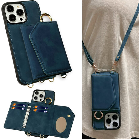 iPhone 16 Pro Max - Navy Blue - 2 in 1 MagSafe Wallet Case met Koord