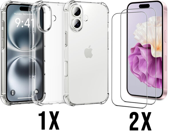 iPhone 16 Plus - Anti Shock &amp; 2X Glas - Transparant