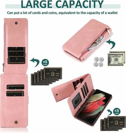 Samsung S22 Ultra Roze - Book Case met Rits &amp; Extra Vakken