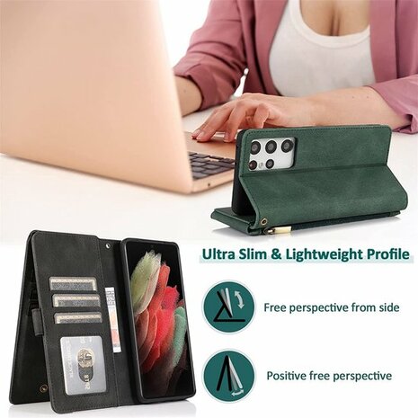 Samsung S22 Ultra Groen - Book Case met Rits &amp; Extra Vakken