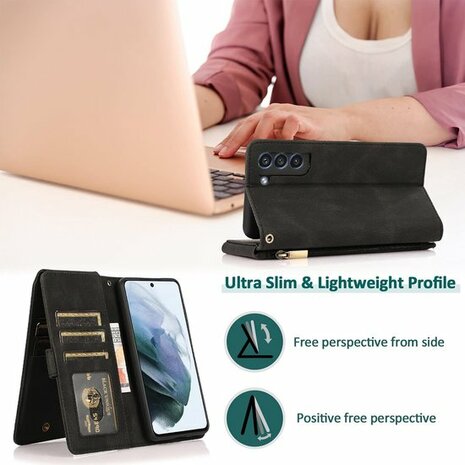 Samsung S22 Plus Zwart - Book Case met Rits &amp; Extra Vakken