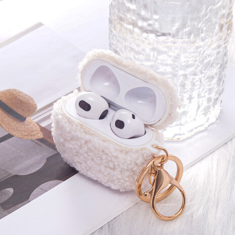 AirPods 3 - Wit - Schokbestendig Teddy Furr Cover met Ring &amp; Sleutelhanger
