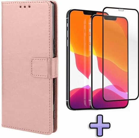 iPhone 12 Pro Max - Book Case &amp; Full Glas - Rosegoud