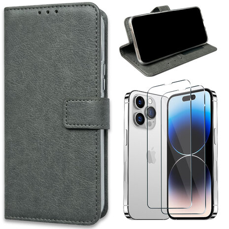 iPhone 15 Plus - Book Case &amp; 2x Glas - Grijs