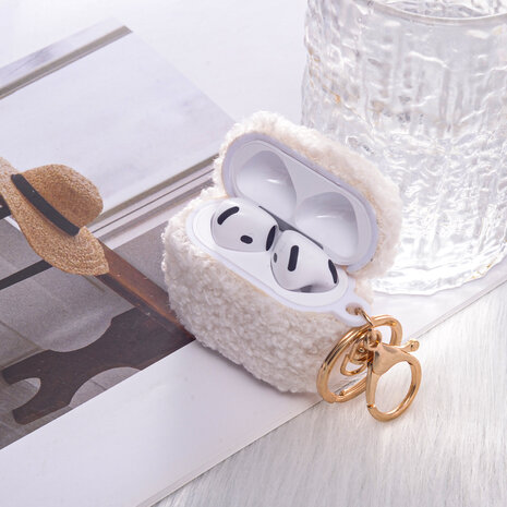 AirPods 4 - Wit - Schokbestendig Teddy Furr Cover met Ring &amp; Sleutelhanger