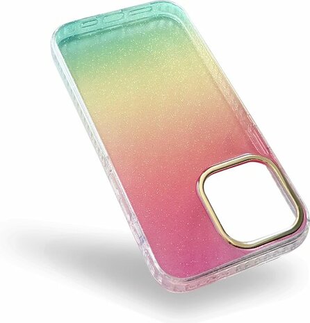iPhone 14 Pro - Regenboog Glitter Back Cover - Roze &amp; Geel