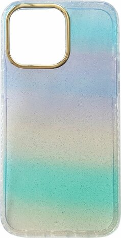 iPhone 14 Pro - Regenboog Glitter Back Cover - Blauw