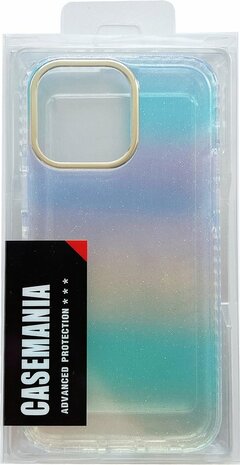 iPhone 14 Pro - Regenboog Glitter Back Cover - Blauw