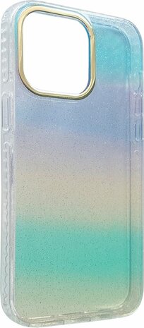 iPhone 14 Pro - Regenboog Glitter Back Cover - Blauw