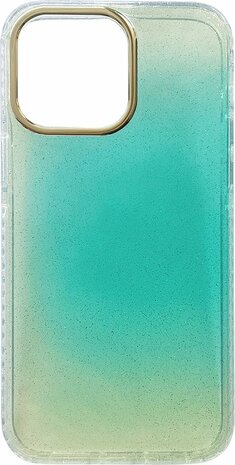 iPhone 14 Pro - Regenboog Glitter Back Cover - Turquoise