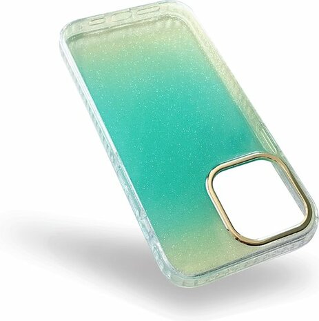 iPhone 14 Pro - Regenboog Glitter Back Cover - Turquoise