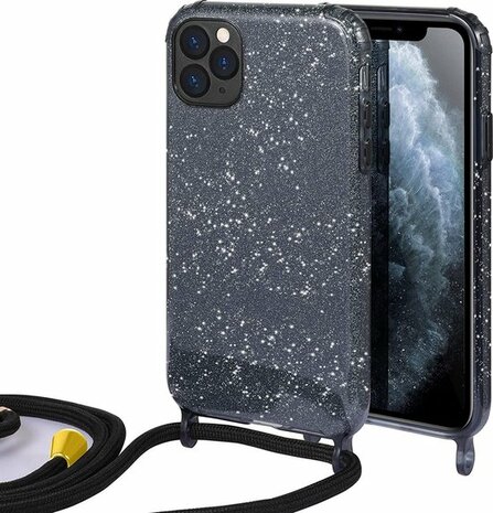iPhone 12 Pro Max Zwart - Glitter Back Cover met Koord