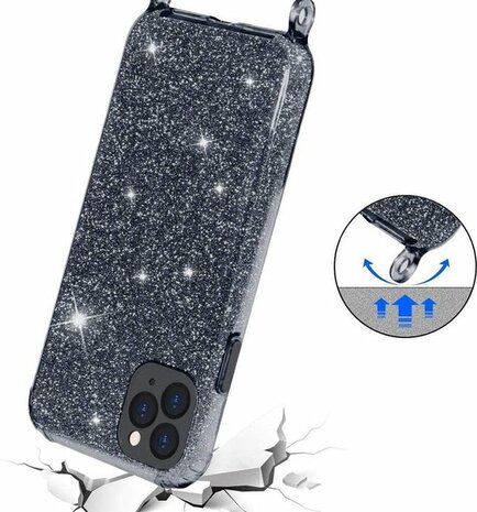 iPhone 12 Pro Max Zwart - Glitter Back Cover met Koord