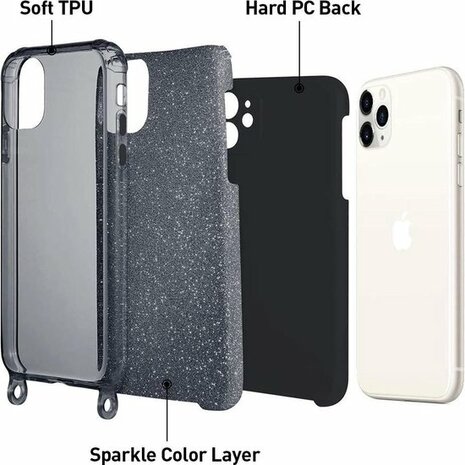 iPhone 12 Pro Max Zwart - Glitter Back Cover met Koord