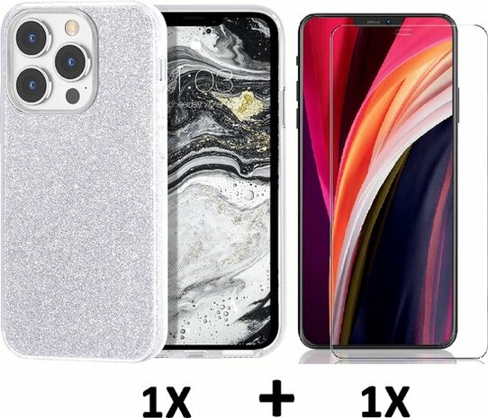 iPhone 13 Pro Max - Glitter Back Cover &amp; Glas - Zilver