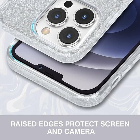 iPhone 13 Pro Max - Glitter Back Cover &amp; Glas - Zilver