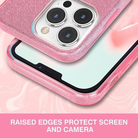iPhone 14 Pro Max - Glitter Back Cover &amp; Glas - Roze