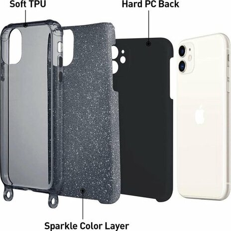 iPhone 12 Mini Zwart - Glitter Back Cover met Koord