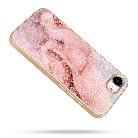 iPhone 16E - Marmer Diamant Glitter - Roze