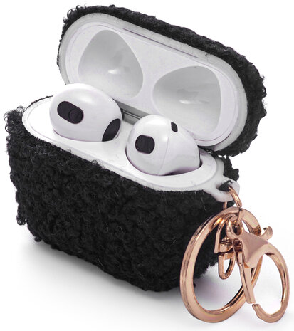 AirPods 3 - Zwart - Schokbestendig Teddy Furr Cover met Ring &amp; Sleutelhanger