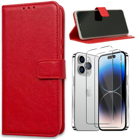 iPhone 15 - Book Case &amp; 2X Glas - Rood