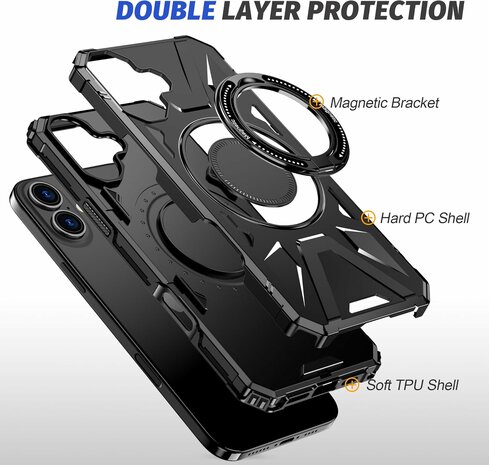iPhone 16 - MagSafe Kickstand Armor Back Cover - Zwart