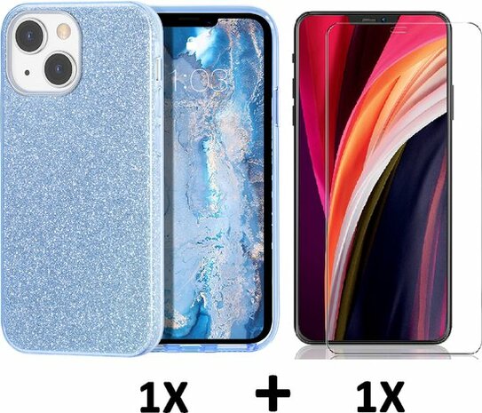 iPhone 13 Mini - Glitter Back Cover &amp; Glas - Blauw