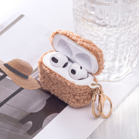 AirPods 3 - Bruin - Schokbestendig Teddy Furr Cover met Ring &amp; Sleutelhanger