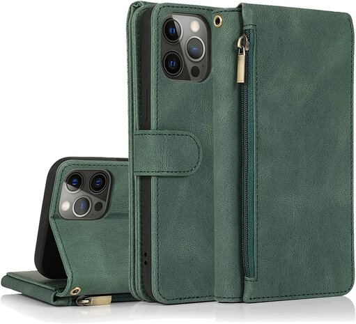 iPhone 13 Pro Max Groen - Book Case met Rits &amp; Extra Vakken