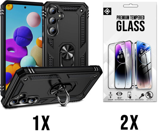 Samsung A55 - Zwart - 2X Glas - Armor met Kickstand Ring
