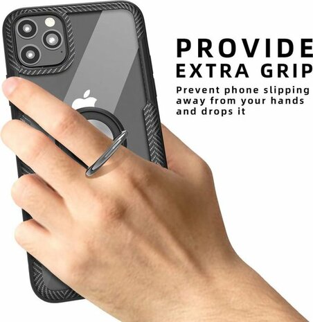 iPhone 11 Pro - Carbon Armor Back Cover met Ring - Zwart