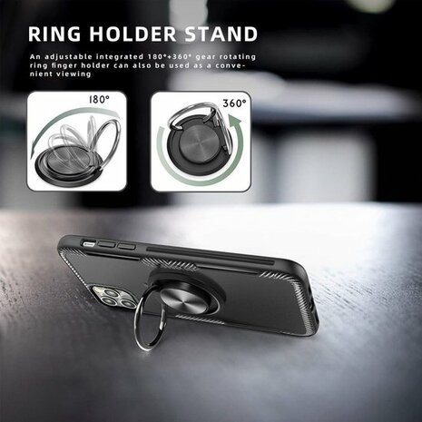 iPhone 11 Pro - Carbon Armor Back Cover met Ring - Zwart