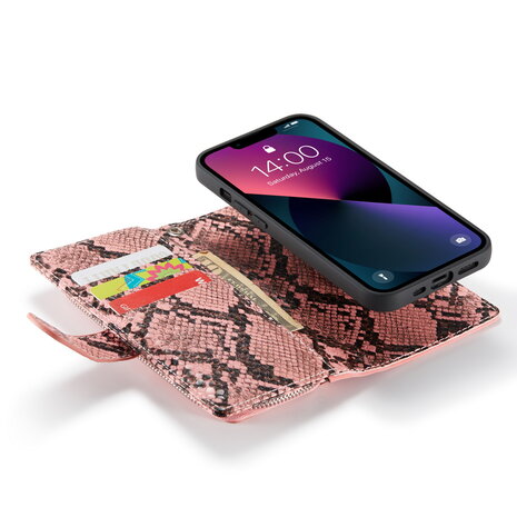iPhone 13 Mini - Roze - 2 in 1 Slangen Portemonnee Book Case met Rits