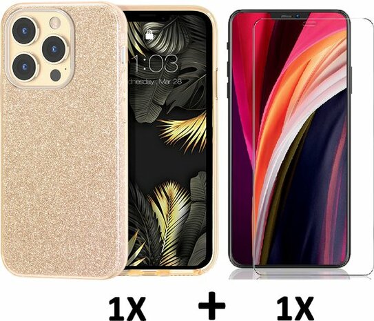 iPhone 13 Pro Max - Glitter Back Cover &amp; Glas - Goud