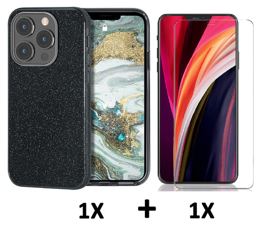 iPhone 14 Pro - Glitter Back Cover &amp; Glas - Zwart