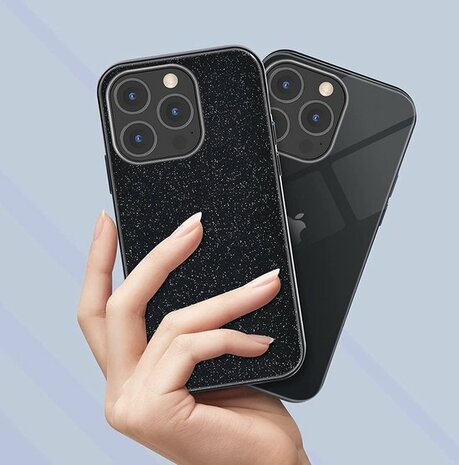 iPhone 14 Pro - Glitter Back Cover &amp; Glas - Zwart