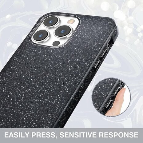 iPhone 14 Pro - Glitter Back Cover &amp; Glas - Zwart