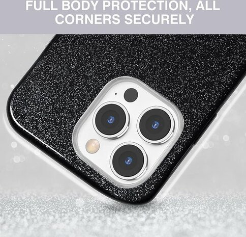 iPhone 14 Pro - Glitter Back Cover &amp; Glas - Zwart