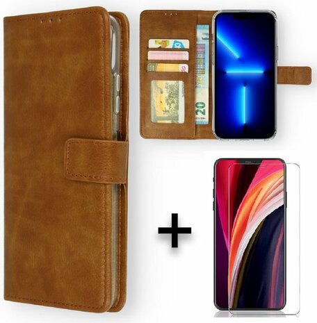iPhone 13 - Book Case &amp; Glas - Bruin