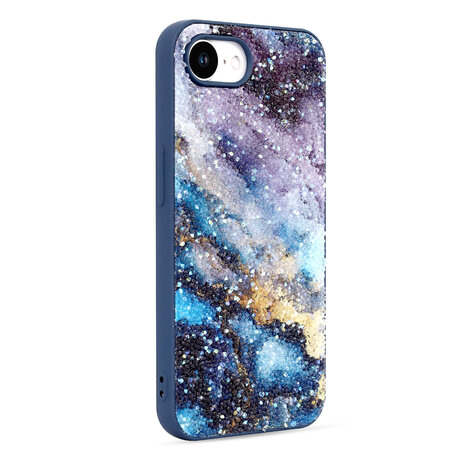 iPhone 16E - Marmer Diamant Glitter &amp; 2x Glas - Blauw