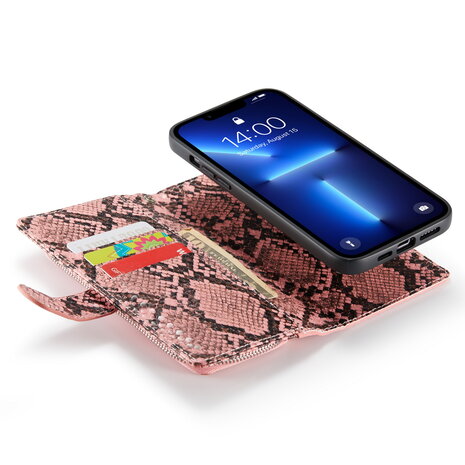 iPhone 13 Pro - Roze - 2 in 1 Slangen Portemonnee Book Case met Rits