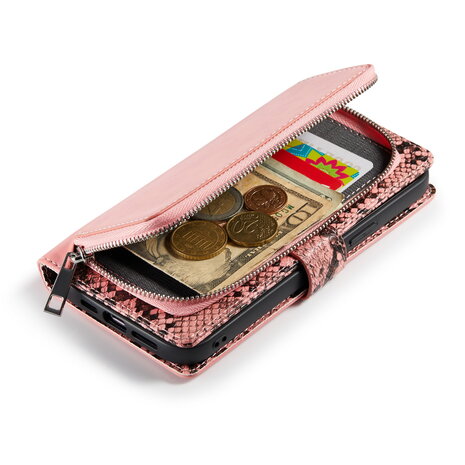 iPhone 13 Pro - Roze - 2 in 1 Slangen Portemonnee Book Case met Rits