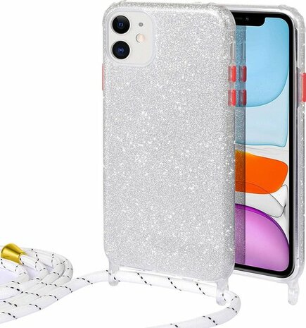 iPhone 12 Mini Zilver - Glitter Back Cover met Koord