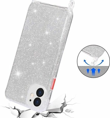 iPhone 12 Mini Zilver - Glitter Back Cover met Koord
