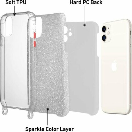 iPhone 12 Mini Zilver - Glitter Back Cover met Koord