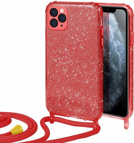 iPhone 12 Pro Max Rood - Glitter Back Cover met Koord