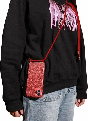 iPhone 12 Pro Max Rood - Glitter Back Cover met Koord