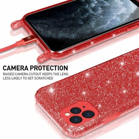 iPhone 12 Pro Max Rood - Glitter Back Cover met Koord